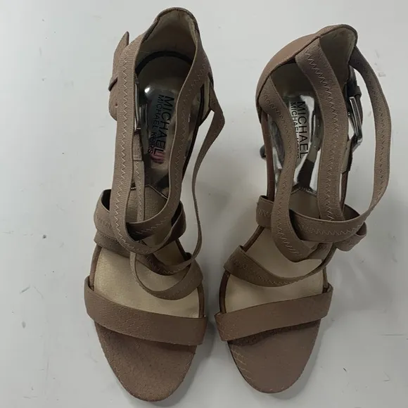 Michael Kors taupe leather Carina cross-strap heels
