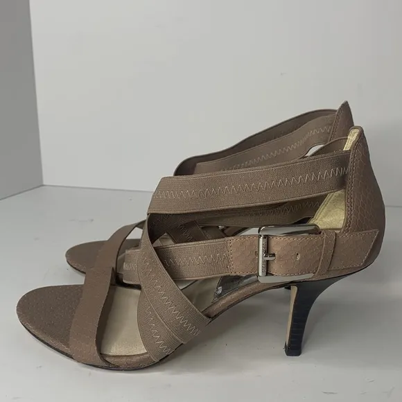 Michael Kors taupe leather Carina cross-strap heels