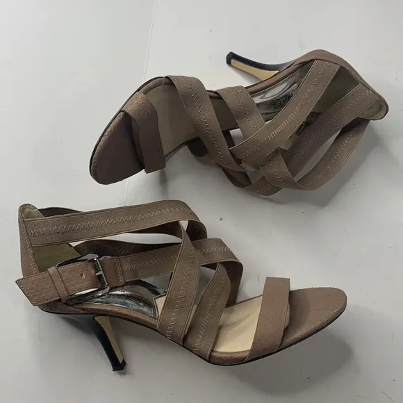 Michael Kors taupe leather Carina cross-strap heels