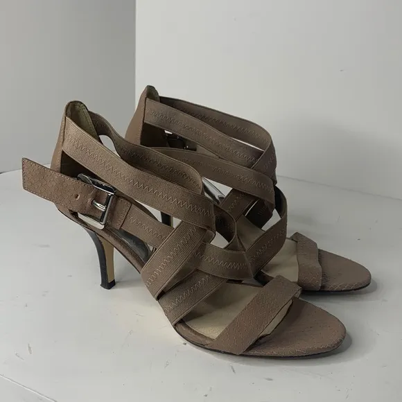 Michael Kors taupe leather Carina cross-strap heels