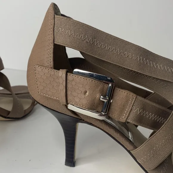 Michael Kors taupe leather Carina cross-strap heels