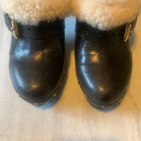 Michael Kors Women's Black Suede Fur Trim Slide High Heeled Clogs Size 9