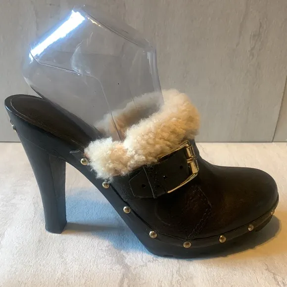 Michael Kors Women's Black Suede Fur Trim Slide High Heeled Clogs Size 9