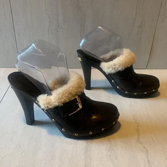 Michael Kors Women's Black Suede Fur Trim Slide High Heeled Clogs Size 9