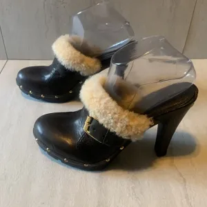 Michael Kors Women's Black Suede Fur Trim Slide High Heeled Clogs Size 9