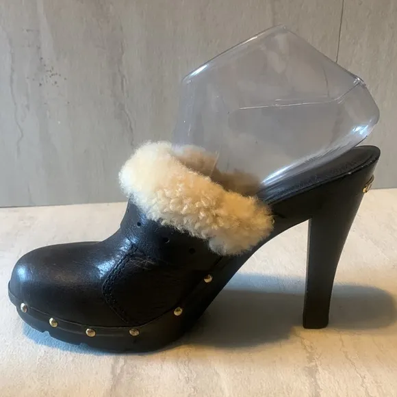 Michael Kors Women's Black Suede Fur Trim Slide High Heeled Clogs Size 9