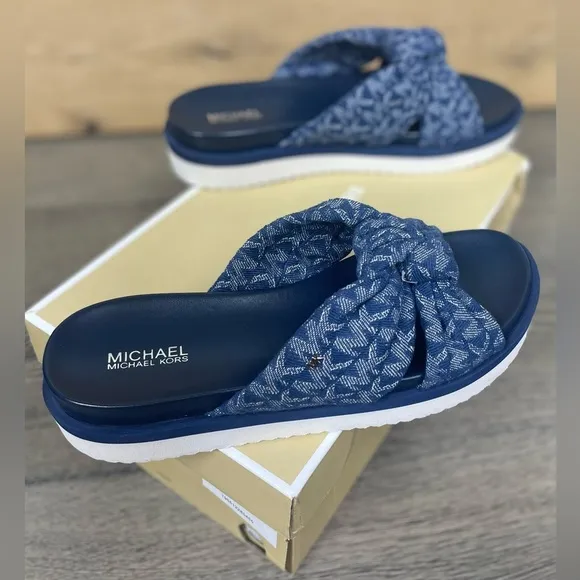Michael Kors Womens Josie Knit Slip on Slide Sandals Blue 6 Medium (B M)