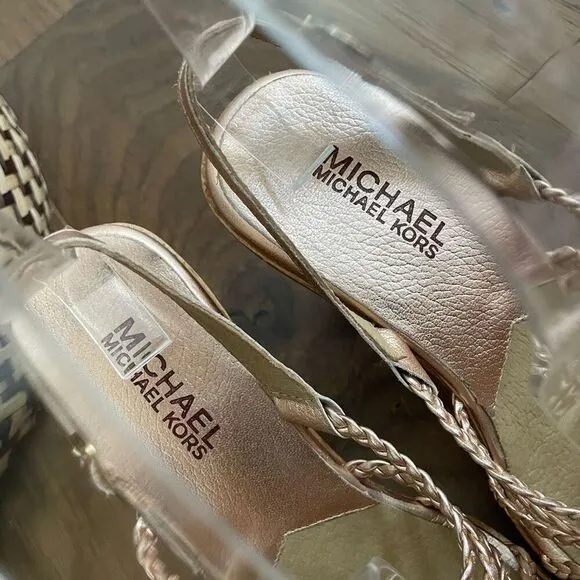 Michael Kors Rose Gold Metallic Pink Braided Strappy 4” Heels 6