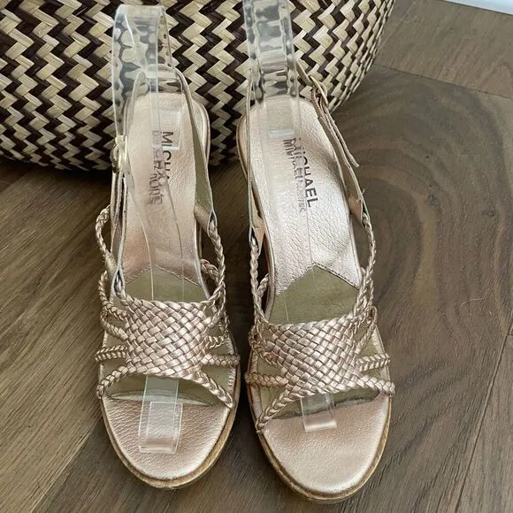 Michael Kors Rose Gold Metallic Pink Braided Strappy 4” Heels 6