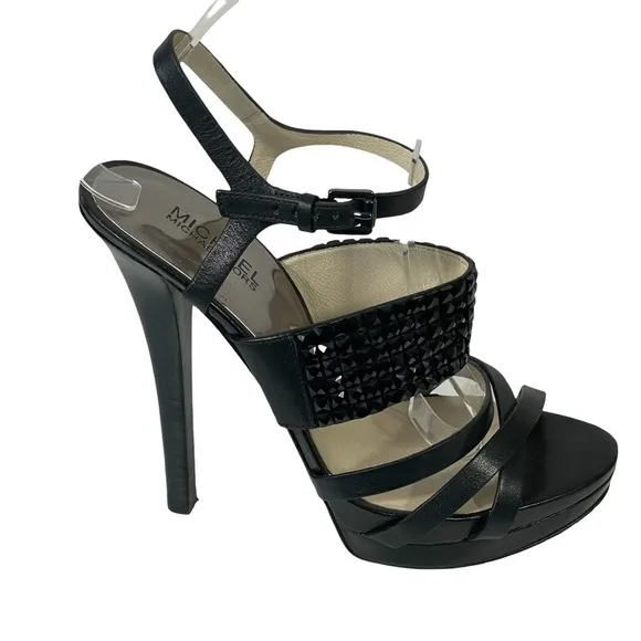 Michael Michael Kors Black Leather Strappy Studded Platform Stiletto Heels Sz 9