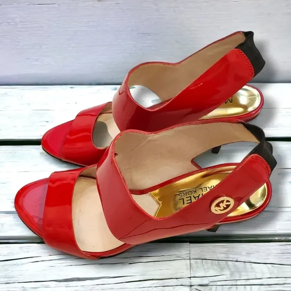 MICHAEL Michael Kors Bright Cherry Red Heels Pumps Open Toe Strappy Size 6.5M