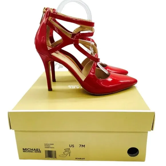 MICHAEL MICHAEL KORS Catia Red Pointed Toe Strappy Heels Patent Leather 7 4&quot;