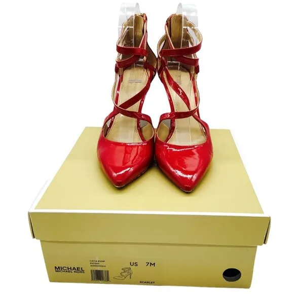 MICHAEL MICHAEL KORS Catia Red Pointed Toe Strappy Heels Patent Leather 7 4&quot;