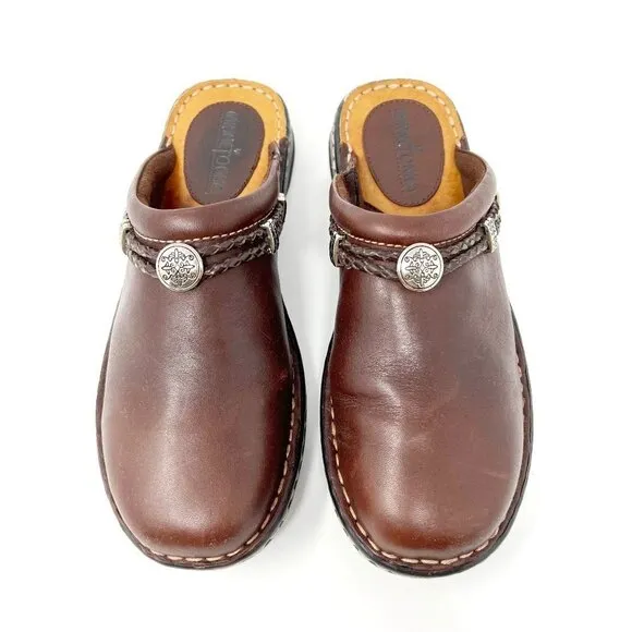 Minnetonka Leather Slip-In Clog Mules. Dark Brown. Size 7