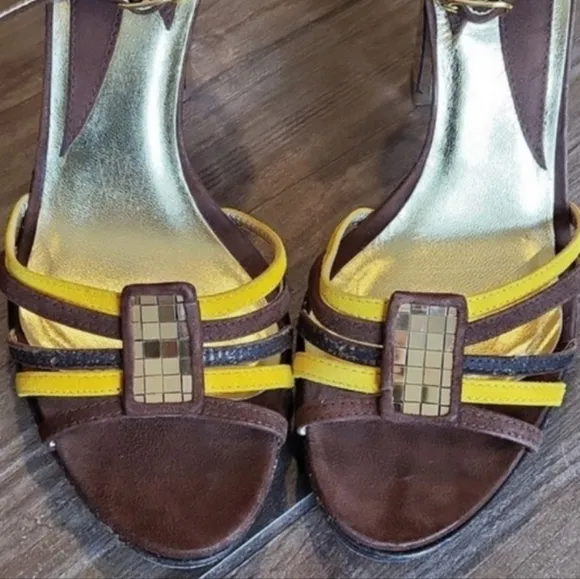 Miss Sixty 70s Inspired Strappy Disco Platform Gold Mirrored Heels, Size 8