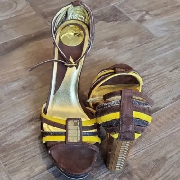 Miss Sixty 70s Inspired Strappy Disco Platform Gold Mirrored Heels, Size 8