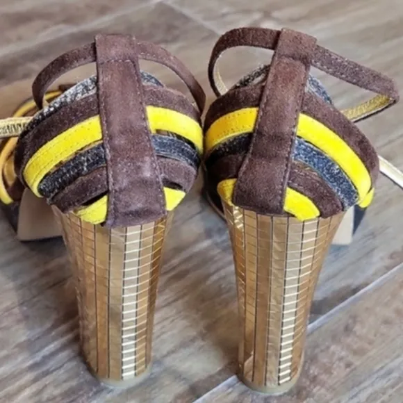 Miss Sixty 70s Inspired Strappy Disco Platform Gold Mirrored Heels, Size 8