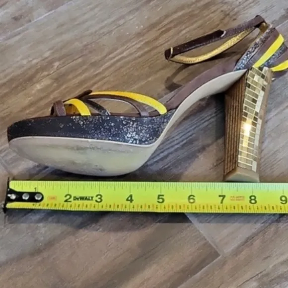 Miss Sixty 70s Inspired Strappy Disco Platform Gold Mirrored Heels, Size 8