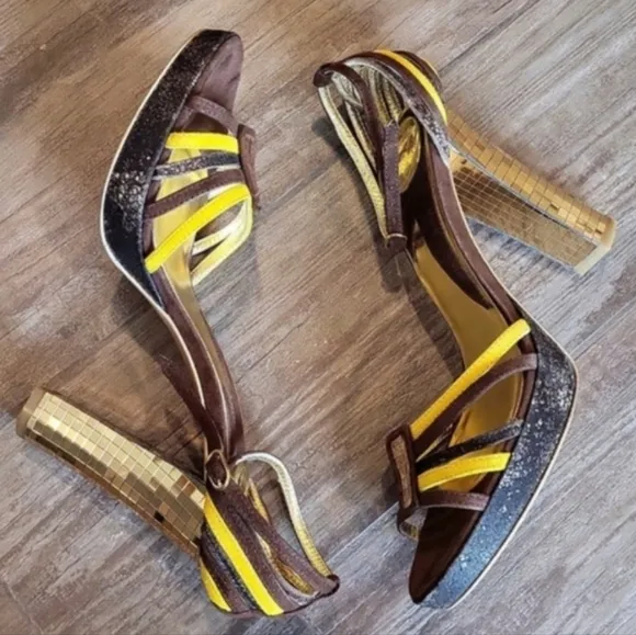 Miss Sixty 70s Inspired Strappy Disco Platform Gold Mirrored Heels, Size 8