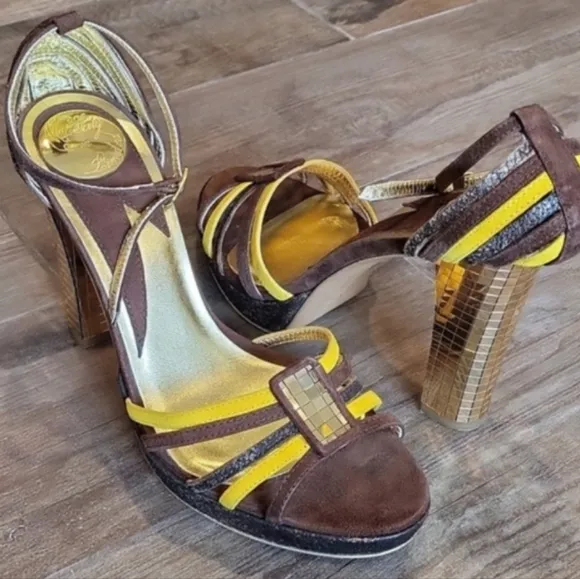 Miss Sixty 70s Inspired Strappy Disco Platform Gold Mirrored Heels, Size 8