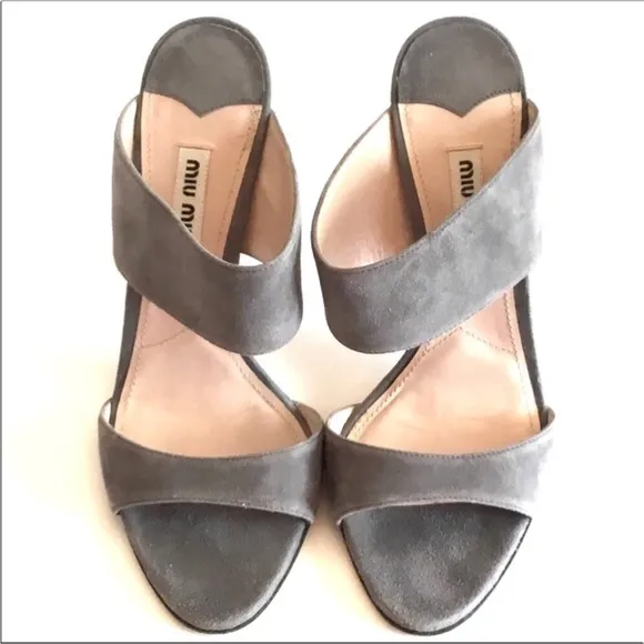Miu Miu by Prada Gray Suede Heeled Sandals Size EU 37- US 6.5 Slip on Mules