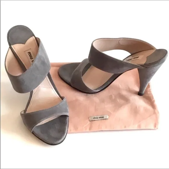 Miu Miu by Prada Gray Suede Heeled Sandals Size EU 37- US 6.5 Slip on Mules