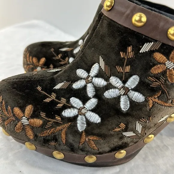 Miu Miu Italian Brown Velvet Embroidered Studded Heeled Clogs
