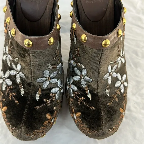 Miu Miu Italian Brown Velvet Embroidered Studded Heeled Clogs