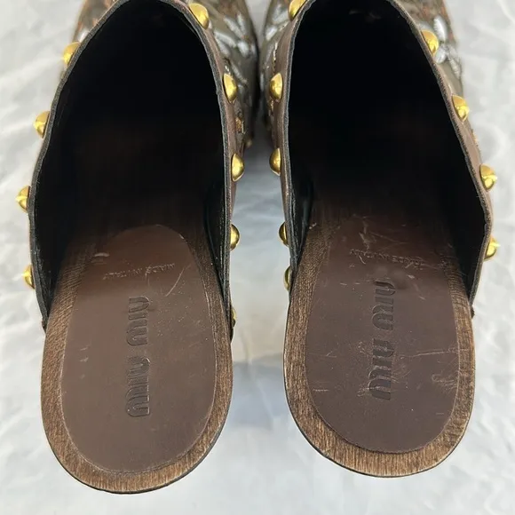 Miu Miu Italian Brown Velvet Embroidered Studded Heeled Clogs
