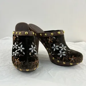 Miu Miu Italian Brown Velvet Embroidered Studded Heeled Clogs