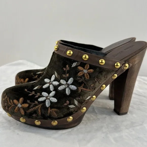 Miu Miu Italian Brown Velvet Embroidered Studded Heeled Clogs