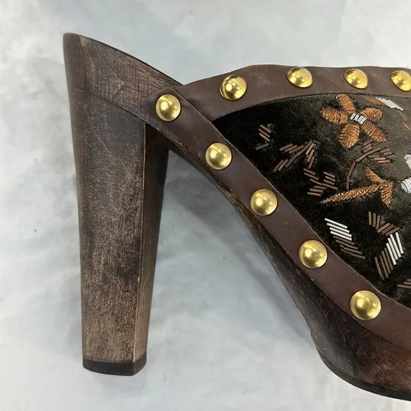 Miu Miu Italian Brown Velvet Embroidered Studded Heeled Clogs