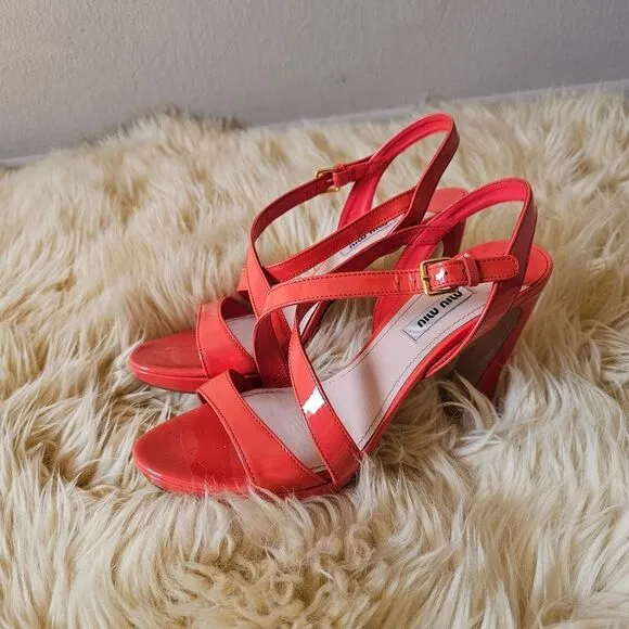 Miu Miu Orange Patent Leather Strappy Heels Size 39