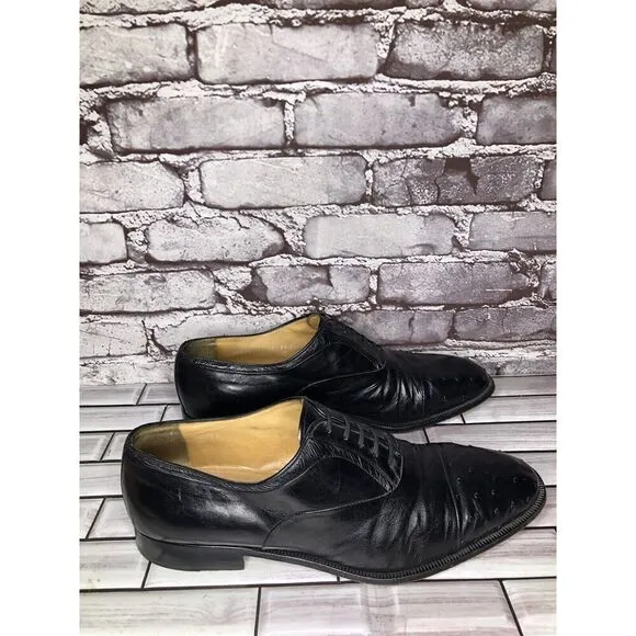 MORESCHI Black Leather Ostrich Cap Toe Oxfords Dress Shoes Men’s Sz 12M US/45EU