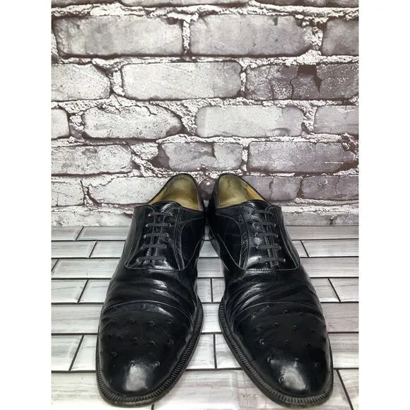MORESCHI Black Leather Ostrich Cap Toe Oxfords Dress Shoes Men’s Sz 12M US/45EU