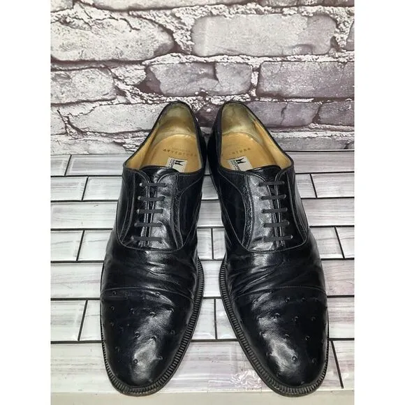 MORESCHI Black Leather Ostrich Cap Toe Oxfords Dress Shoes Men’s Sz 12M US/45EU
