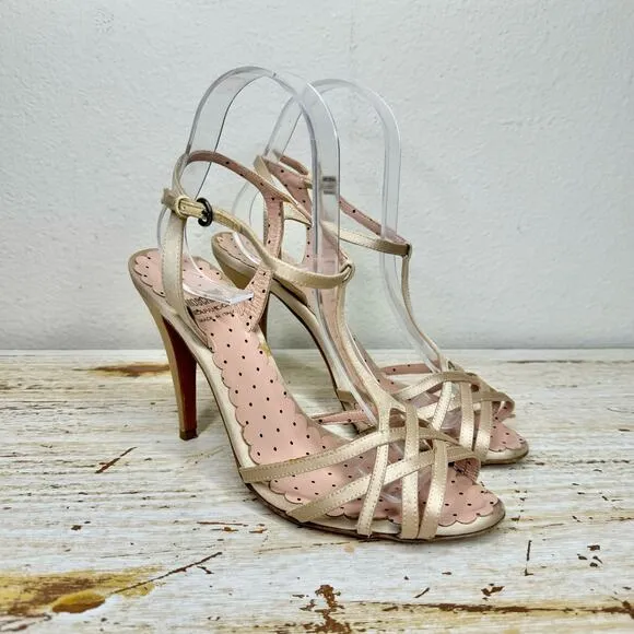 Moschino Cheap and Chic Strappy Heels 38 Ankle Strap Peep Toe Open Champagne