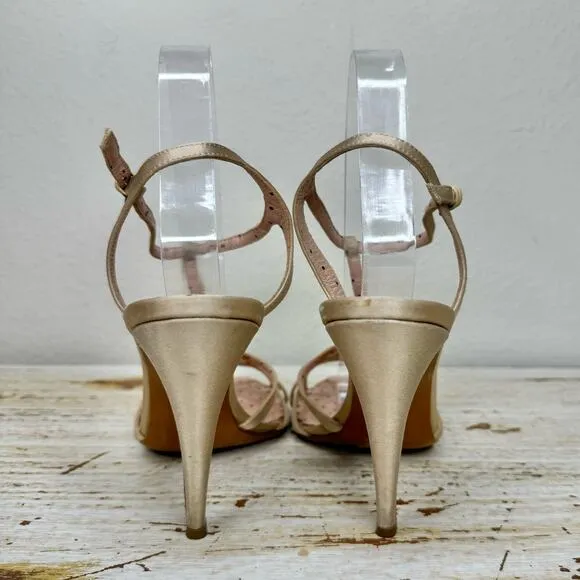Moschino Cheap and Chic Strappy Heels 38 Ankle Strap Peep Toe Open Champagne