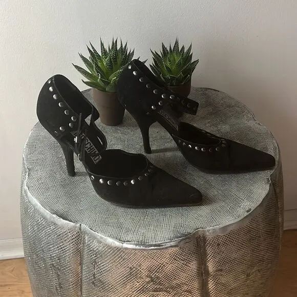 MOSCHINO Vintage black suede studded maryjane heels sz 36