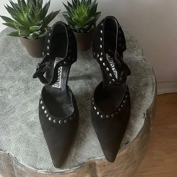 MOSCHINO Vintage black suede studded maryjane heels sz 36