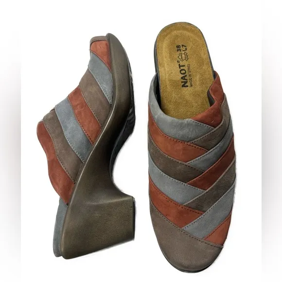 Naot NWOB Beyond Brown Spice Multi Slate Heeled Mule Clogs Size 38 / 7