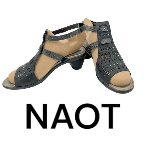 Naot Women's Leather Rivet Vogue Strappy Heels Brushed Metallic Black/Grey Sz 39