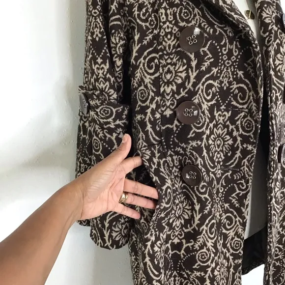 NESLAY PARIS WOMEN VINTAGE CLASSIC DARK BROWN CREAM TAPESTRY CAPE COAT SIZE S