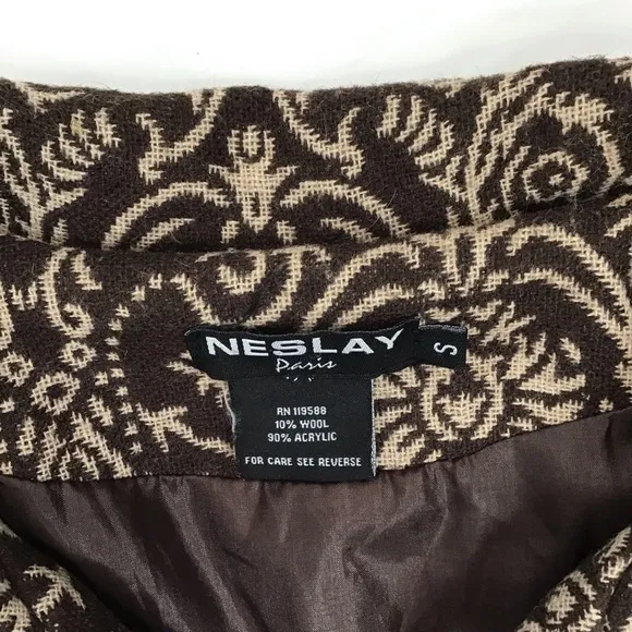 NESLAY PARIS WOMEN VINTAGE CLASSIC DARK BROWN CREAM TAPESTRY CAPE COAT SIZE S