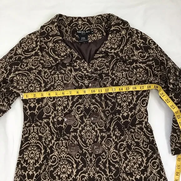NESLAY PARIS WOMEN VINTAGE CLASSIC DARK BROWN CREAM TAPESTRY CAPE COAT SIZE S