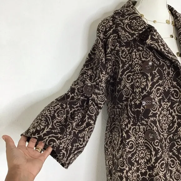 NESLAY PARIS WOMEN VINTAGE CLASSIC DARK BROWN CREAM TAPESTRY CAPE COAT SIZE S