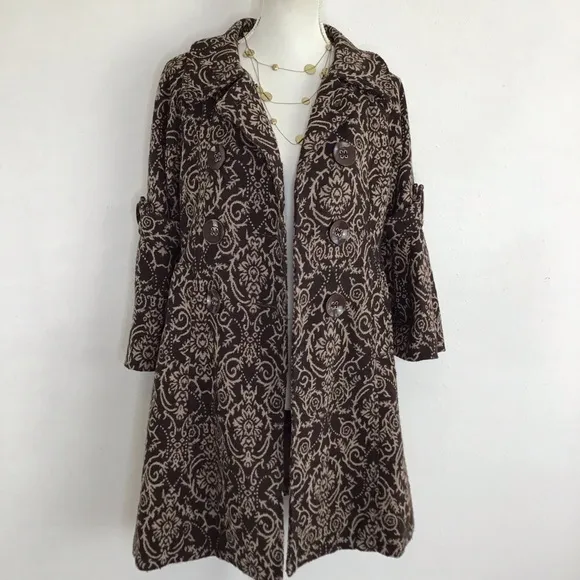 NESLAY PARIS WOMEN VINTAGE CLASSIC DARK BROWN CREAM TAPESTRY CAPE COAT SIZE S