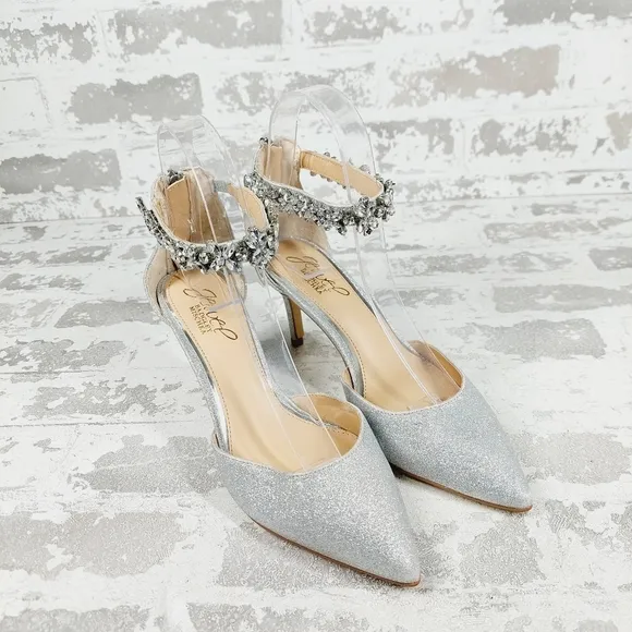 New Badgley Mischka Raleigh Silver Ankle Strap Pointed Toe Heels C207