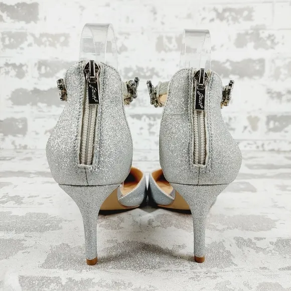 New Badgley Mischka Raleigh Silver Ankle Strap Pointed Toe Heels C207