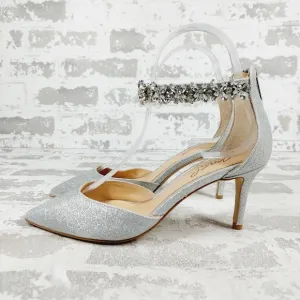 New Badgley Mischka Raleigh Silver Ankle Strap Pointed Toe Heels C207